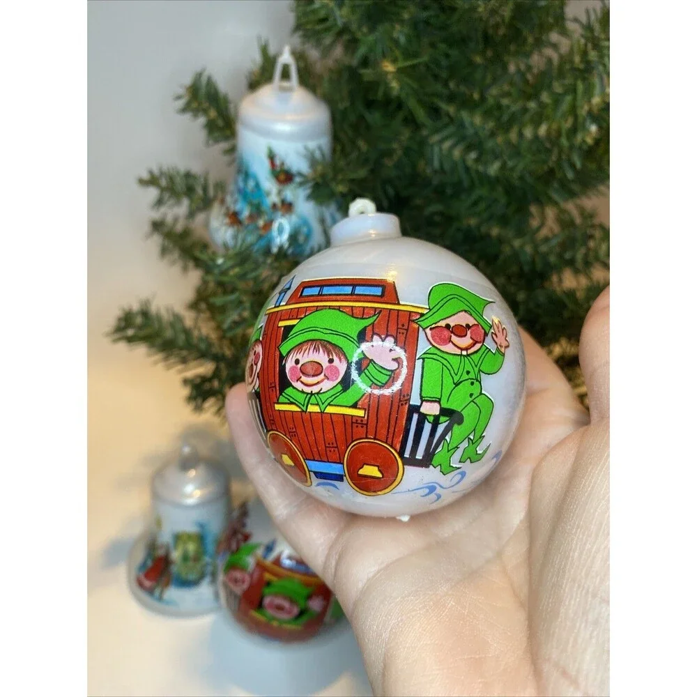 Vintage Christmas Tree Ornament Santa Express Train Elves Sleigh Deer Ball Bell